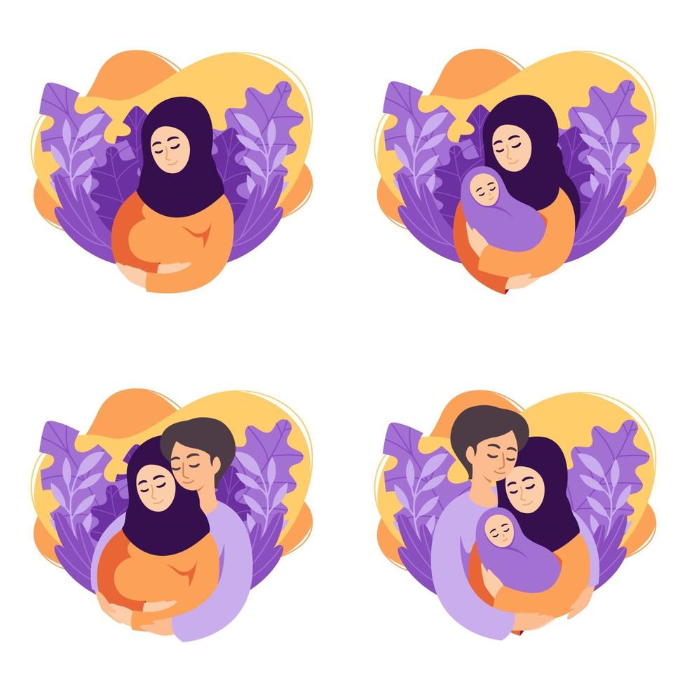 ilustrações vetoriais de conceito de gravidez e paternidade. conjunto de cenas de mulher grávida muçulmana, mãe segurando o recém-nascido, futuros pais estão esperando o bebê, mãe e pai segurando seu bebê recém-nascido. vetor