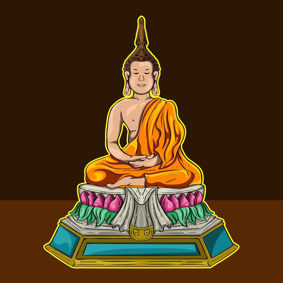 gautama Buda linha decorativo desenho. sentado ou meditando Buda estátua digital arte colagem combinado ouro cor vetor