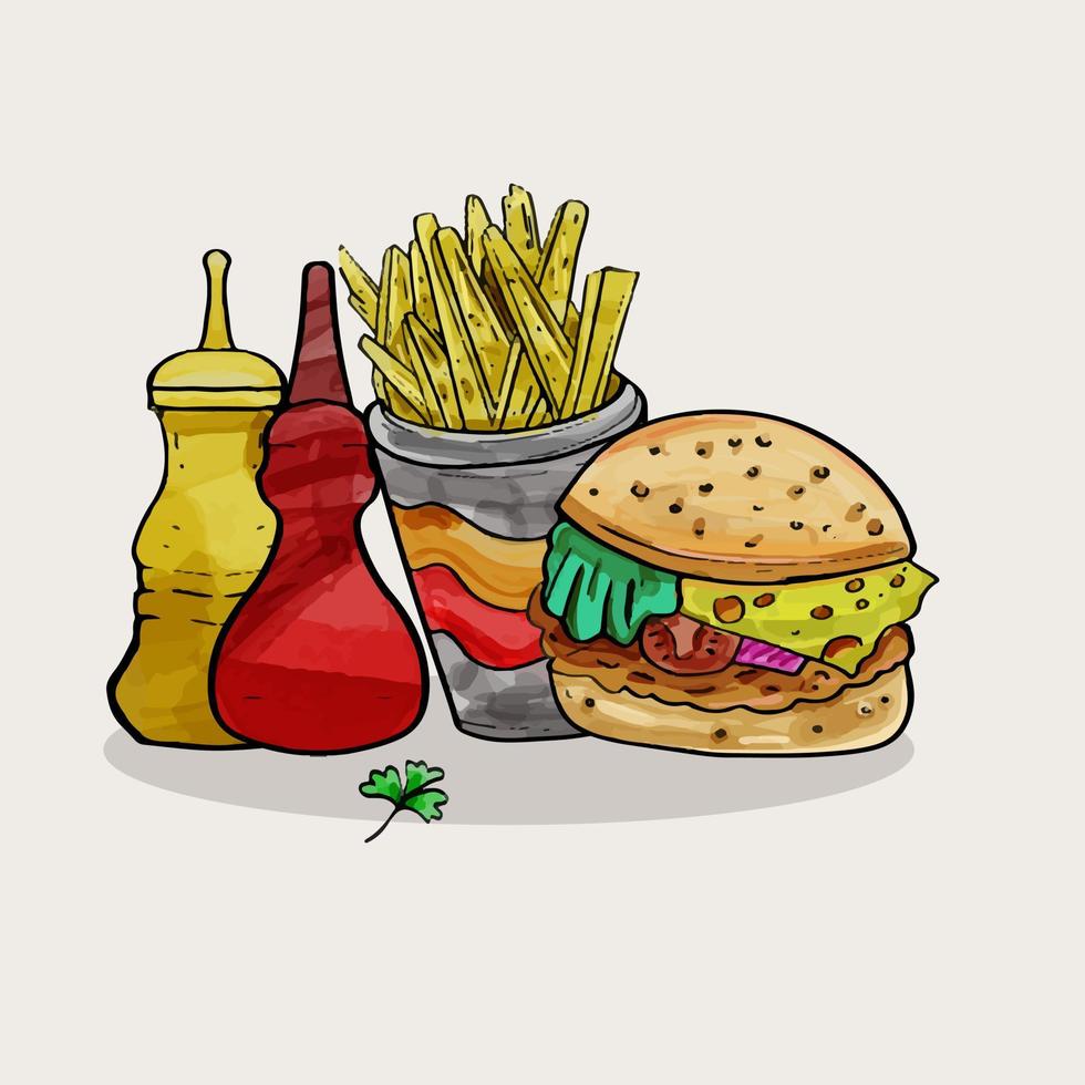 velozes Comida rabisco dentro aguarela pintura estilo vetor ilustração. plano deitar lixo Comida aguarela objetos isolado em branco fundo.