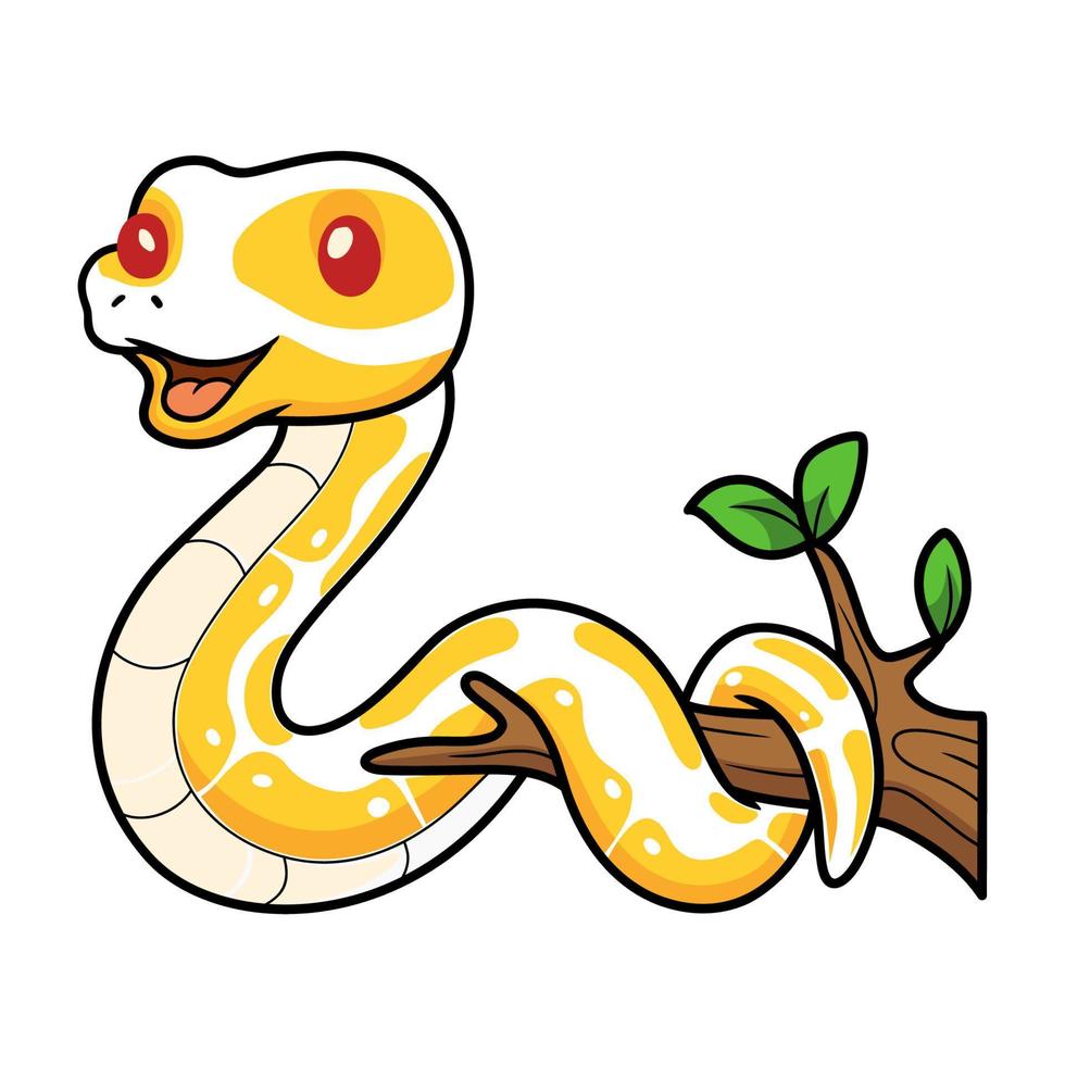 fofa albino bola Pitão serpente desenho animado em árvore ramo vetor