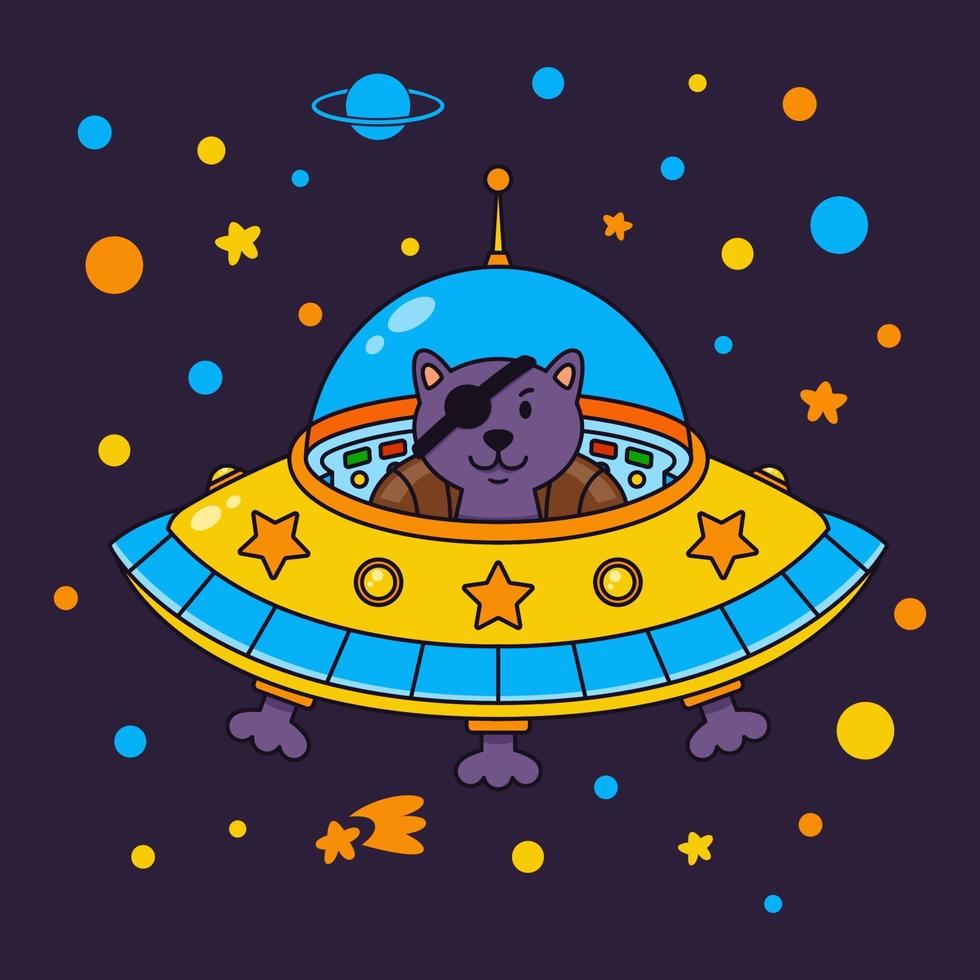 pirata gato alienígena em uma nave espacial em uma galáxia estelar. gato cosmonauta fofo no espaço sideral. ilustração vetorial sobre o tema do espaço em estilo infantil. vetor