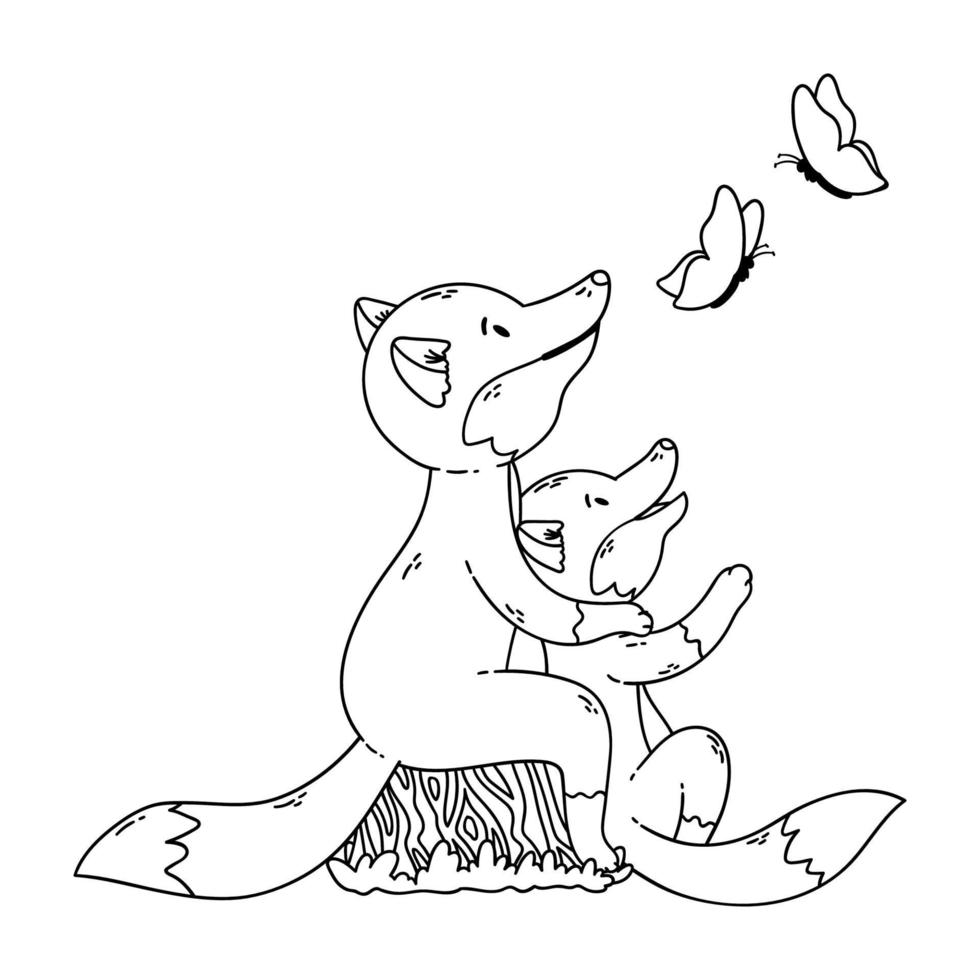 duas raposas estão olhando para as borboletas. animais da floresta dos desenhos animados pai com o bebê. cartão do dia da mãe e do pai. ilustração de contorno vetorial isolada no fundo branco para livro de colorir. vetor