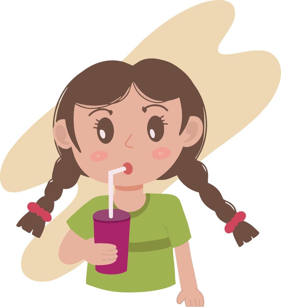 fofa pequeno criança menina bebendo água a partir de tumblr e Palha apreciar dela beber ilustração vetor