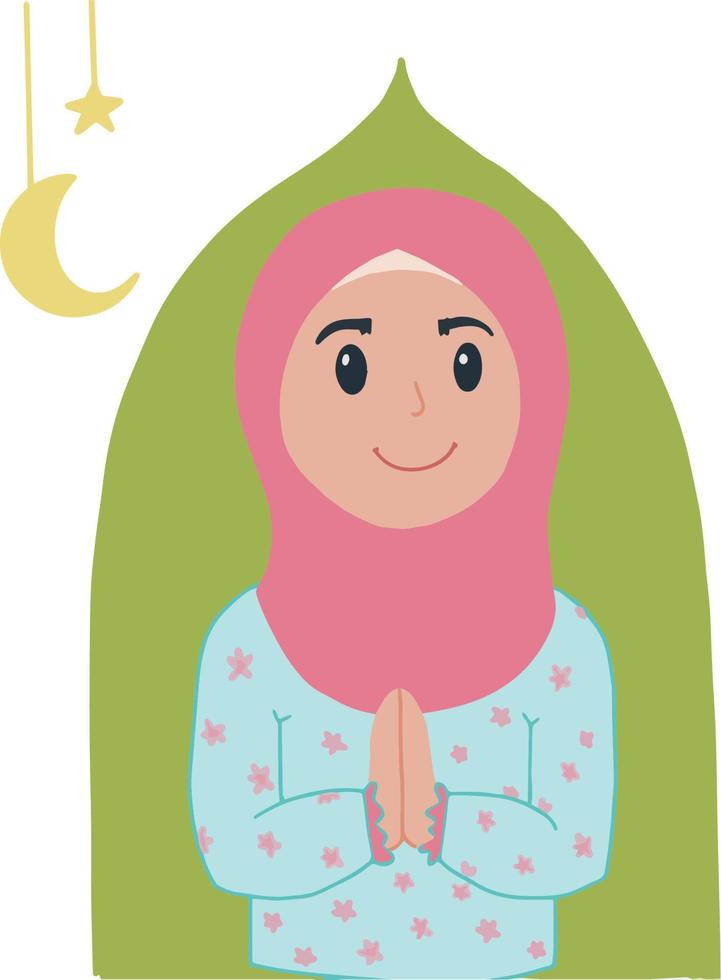 bonita jovem Rosa hijab menina com cumprimento pose Ramadã eid Mubarak ilustração vetor