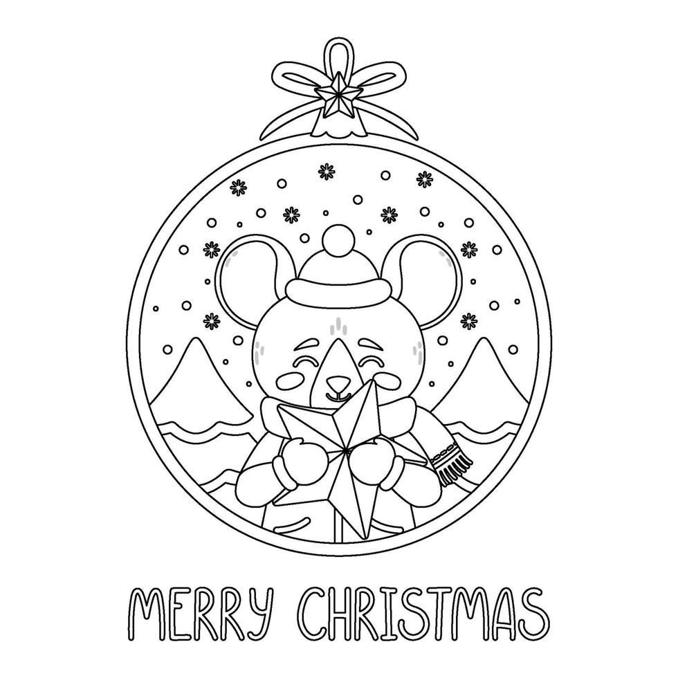 bola de Natal com a imagem de um rato segurando uma estrela. vetor