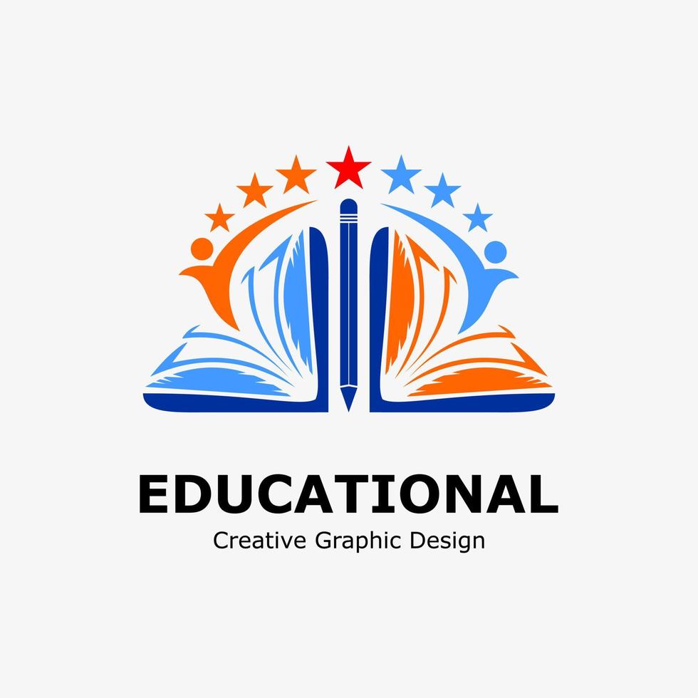 logotipo símbolo para Educação. livro ícone, lápis, aluna ícone e estrela. Educação vetor logotipo modelo.