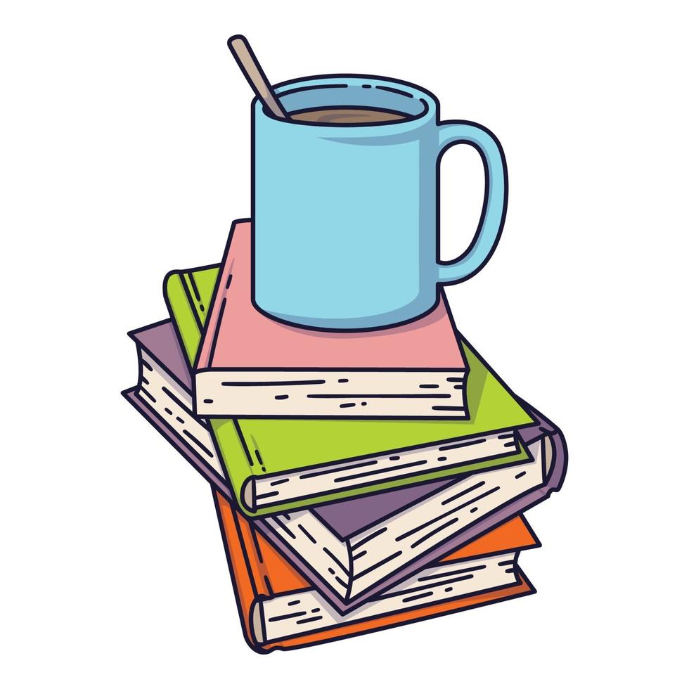 xícara de café ou chá na pilha do livro. adoro ler o conceito para bibliotecas, livrarias, festivais, feiras e escolas. ilustração do vetor isolada no branco.