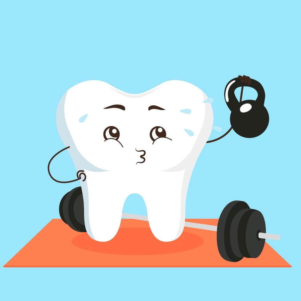 personagem de dente bonito é muito forte. ilustração em vetor infantil de um dente que levanta halteres. para odontopediatria