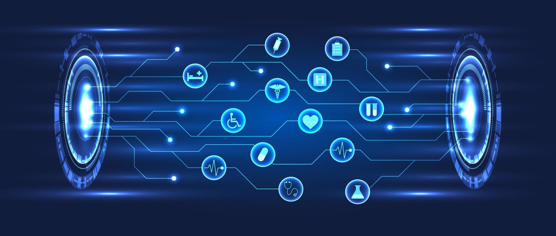 2 lados do a tecnologia círculo com uma o circuito borda médico inovação e moderno remédio este permite pacientes para Acesso tratamento Mais rapidamente vetor