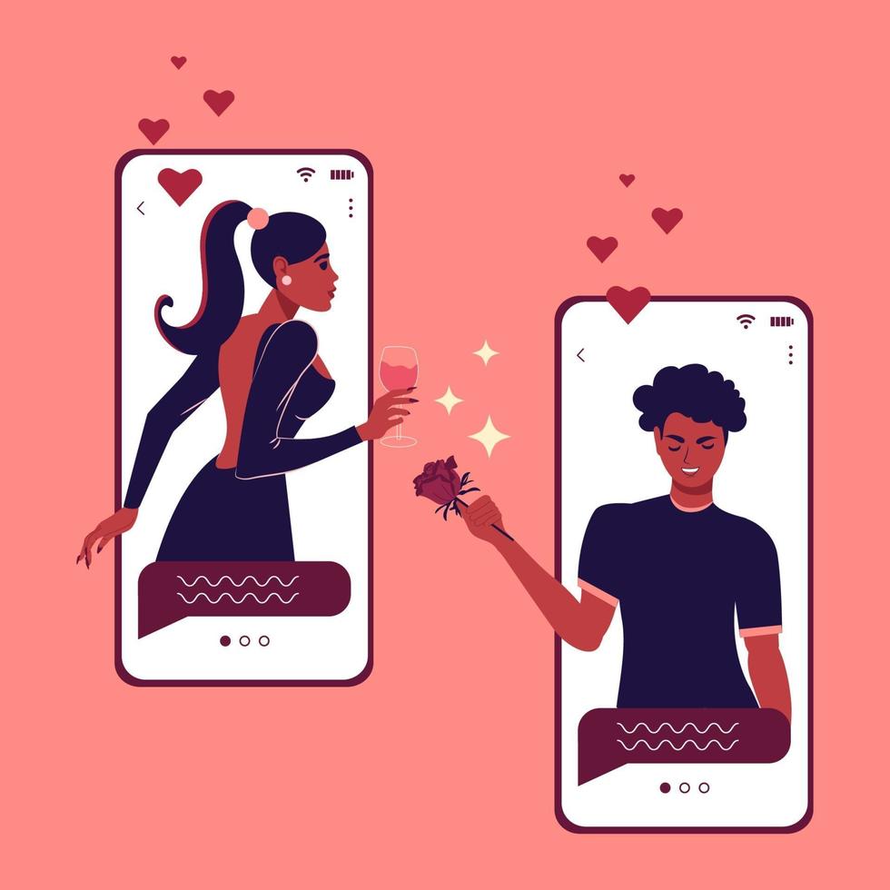 bate-papo móvel para amantes. uma jovem e o namorado estão comemorando o dia dos namorados pelo celular online. encontro romântico nas redes sociais. ilustração em vetor plana