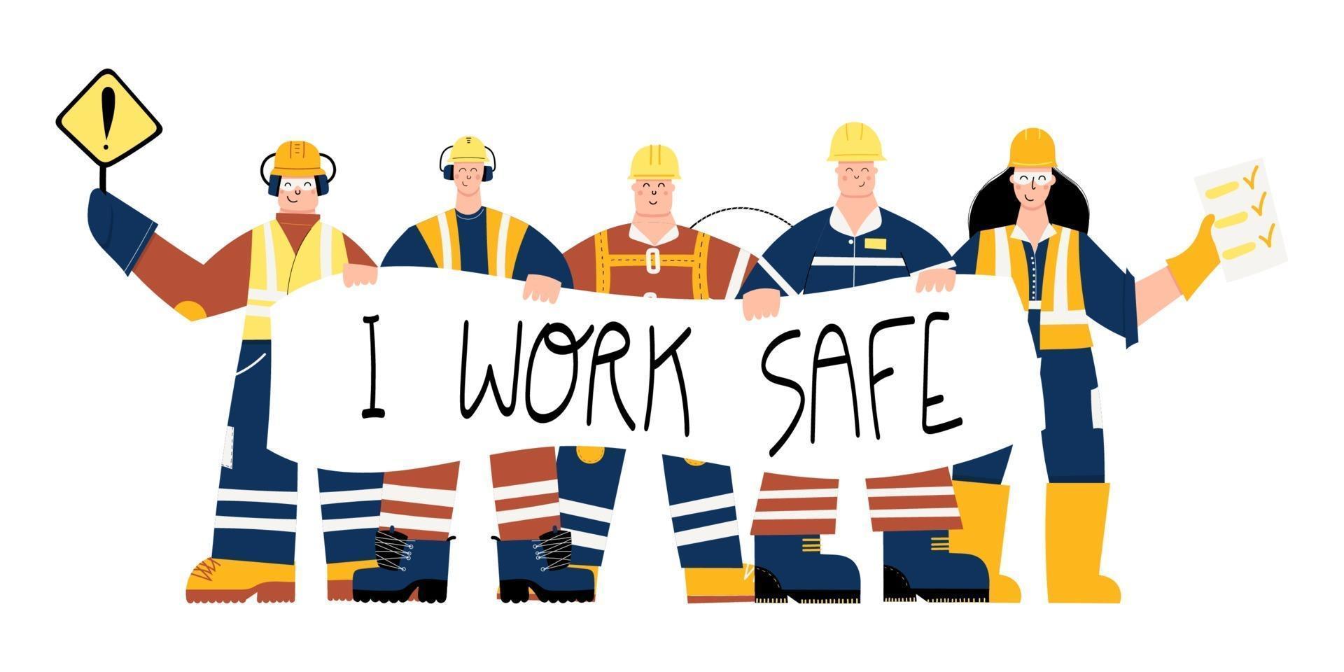 trabalhadores da indústria de construção com sinal de segurança eu trabalho vetor