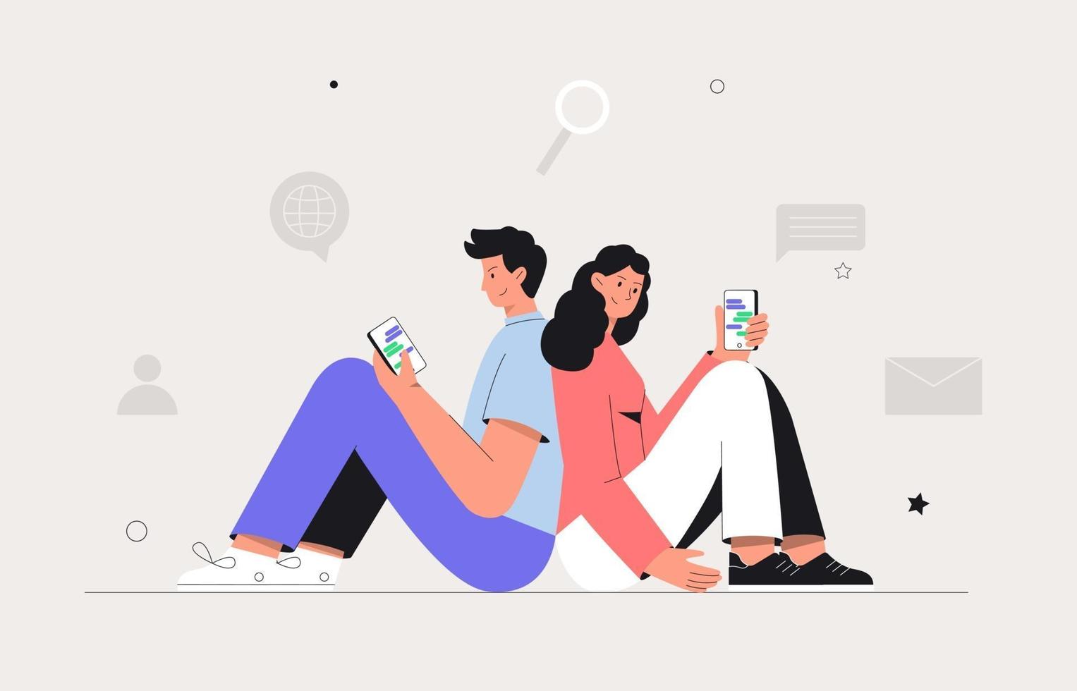 relacionamentos virtuais, conceito de namoro online e comunicação. jovem e mulher seguram o telefone e escrevem mensagens. ícones sociais. ilustração vetorial plana. vetor