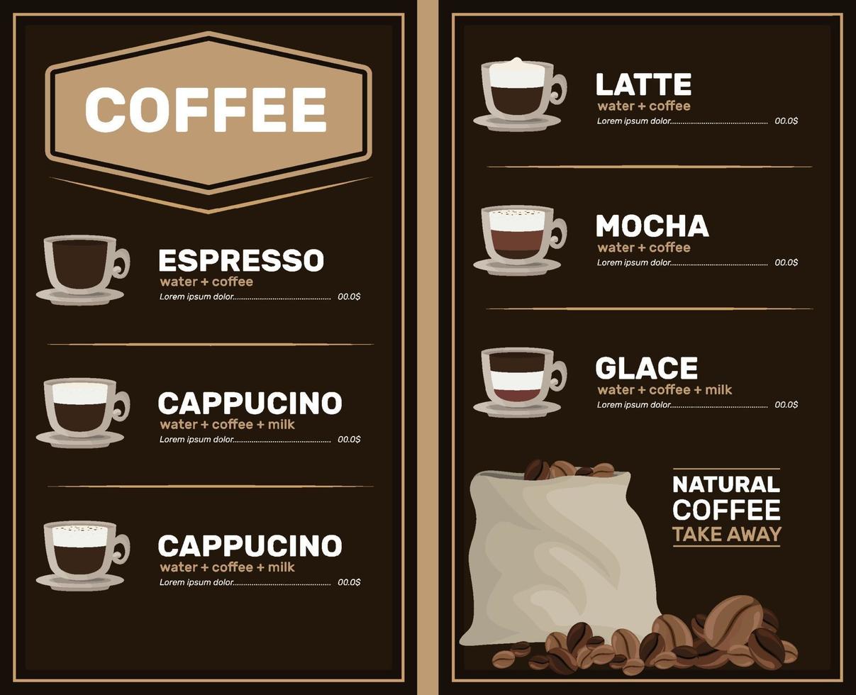 menu de café com lista de preços. tipos de preparação de café com xícara. vetor. folhetos de modelo. vetor
