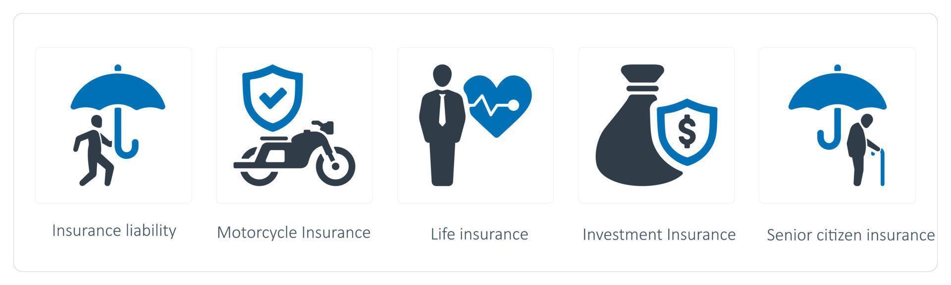 uma conjunto do 5 seguro ícones tal Como seguro responsabilidade e motocicleta seguro vetor