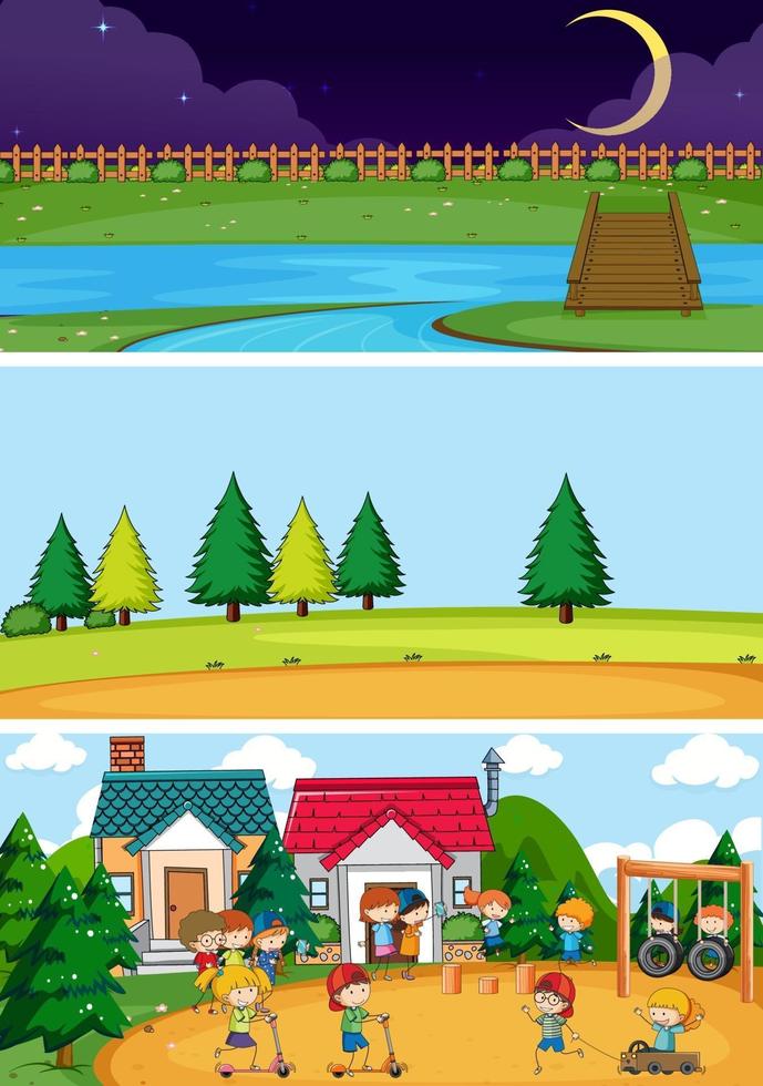 conjunto de diferentes cenas horizontais de fundo com o personagem de desenho animado doodle de crianças vetor