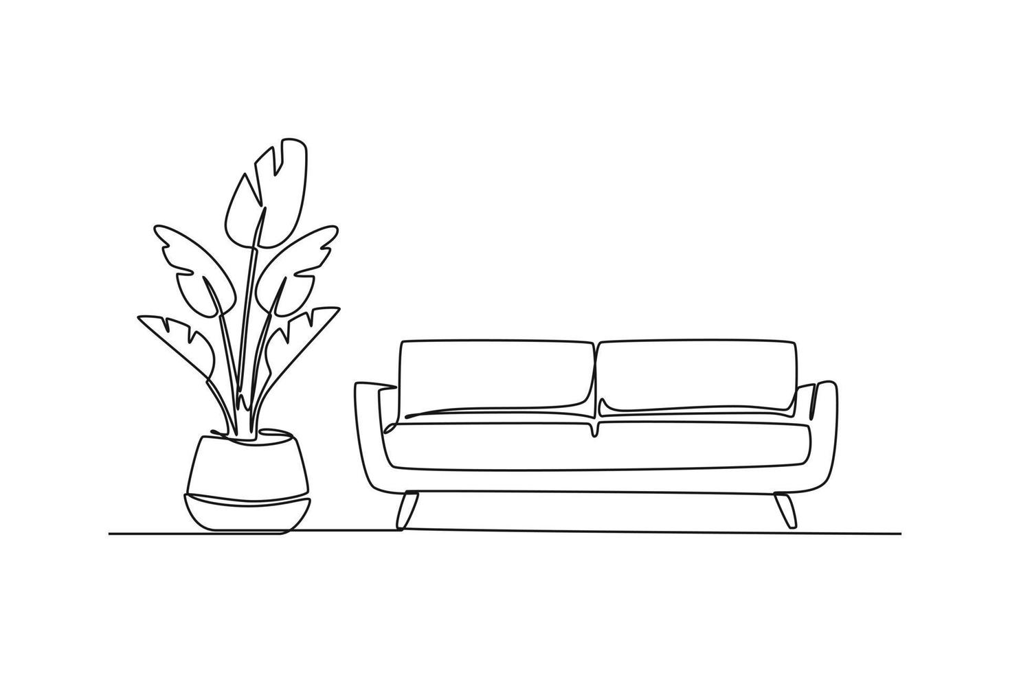 contínuo uma linha desenhando grandes sofá com uma ampla flor dentro uma vaso ao lado isto. vivo quarto conceito solteiro linha desenhar Projeto gráfico vetor ilustração