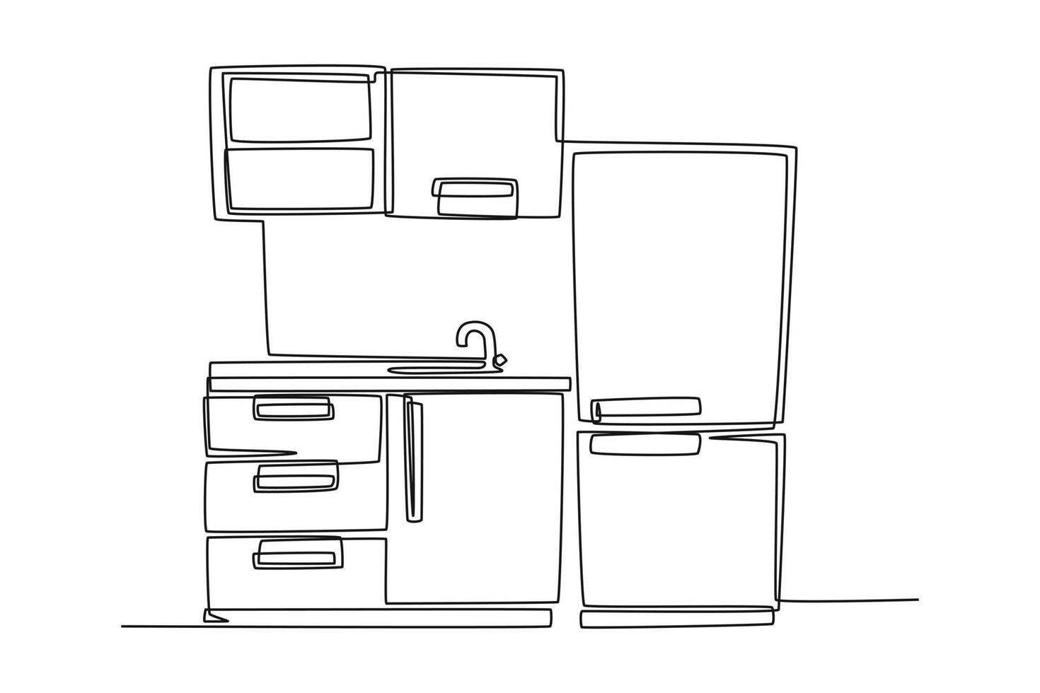 solteiro uma linha desenhando cozinha gabinete Projeto com lava-louças afundar. cozinha quarto conceito contínuo linha desenhar Projeto gráfico vetor ilustração