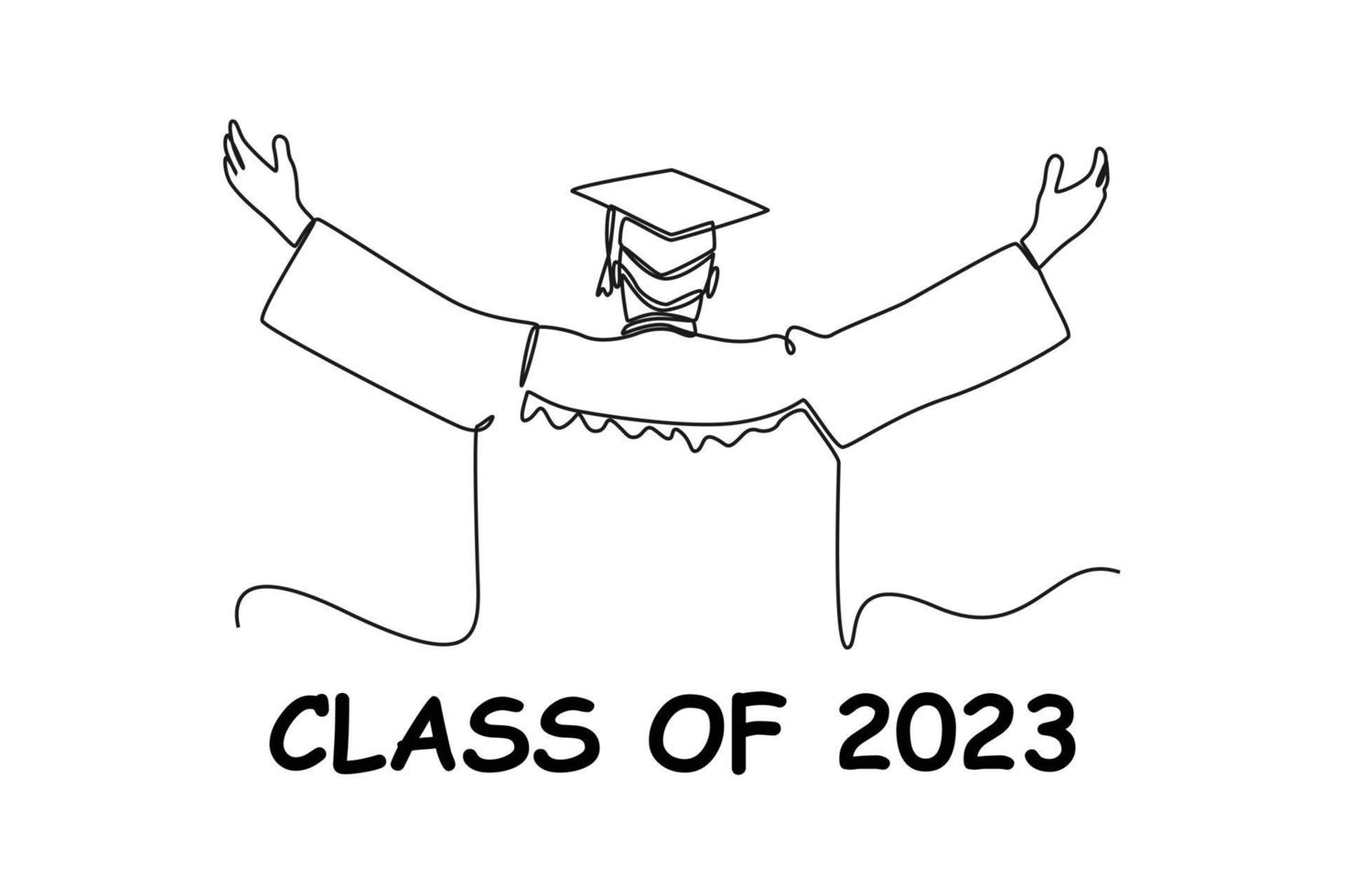 contínuo uma linha desenhando do traseiro Visão do uma homem vestindo graduação traje. classe do 2023 conceito solteiro linha desenha Projeto gráfico vetor ilustração