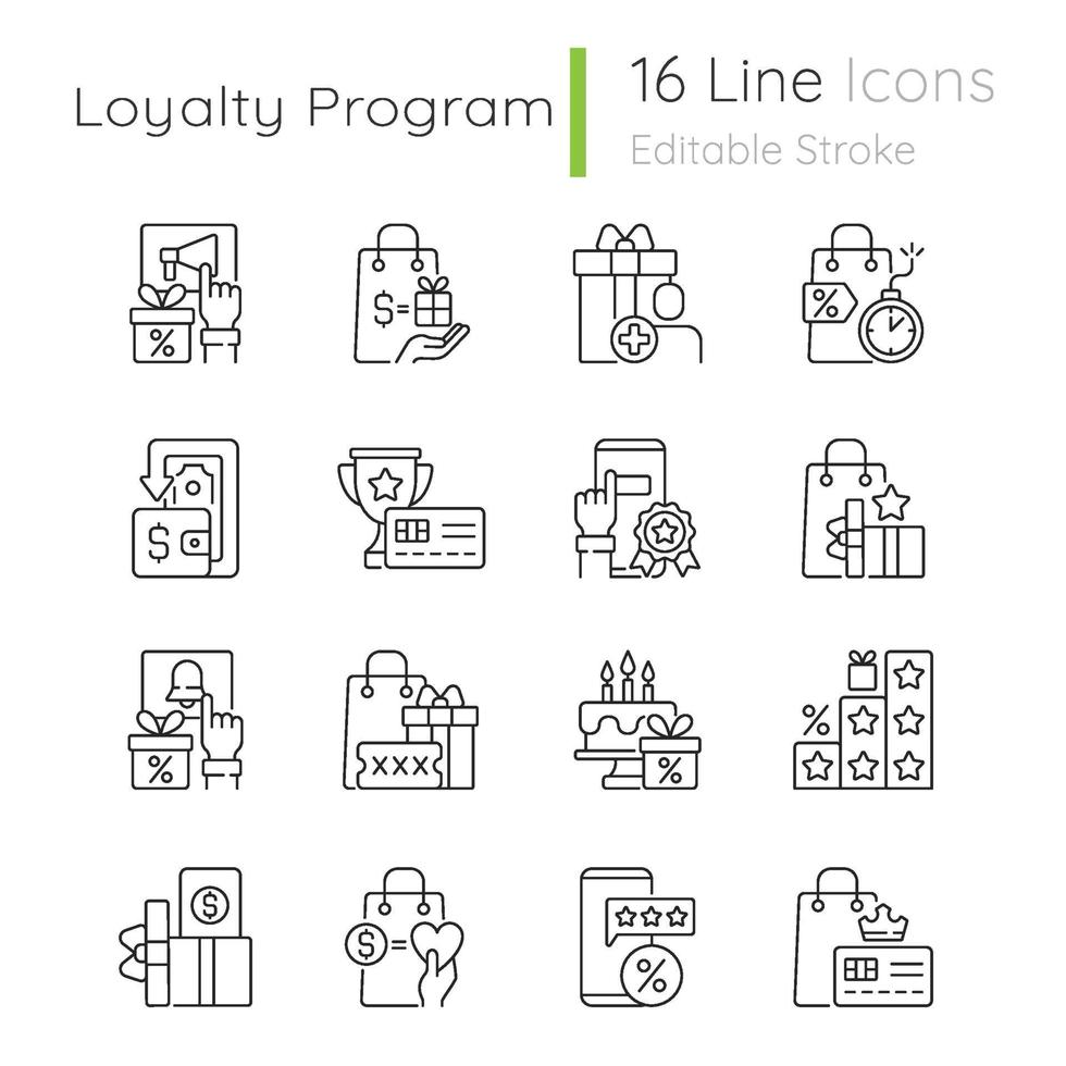 Ícones lineares do programa de fidelidade definidos para os modos claro e escuro vetor