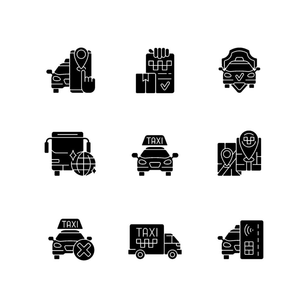 ícones de glifo preto de serviço de táxi definidos no espaço em branco vetor