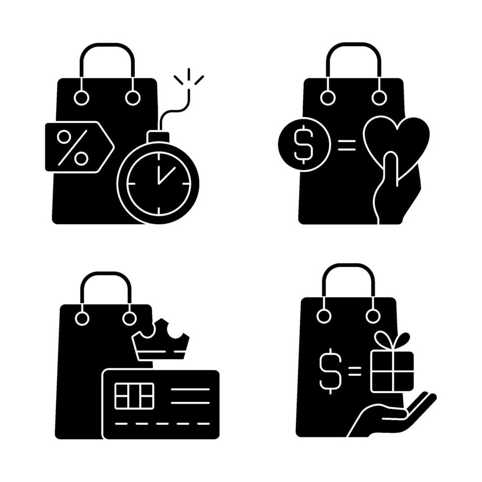 compradores de presentes e recompensas especiais ícones de glifo preto definidos no espaço em branco vetor