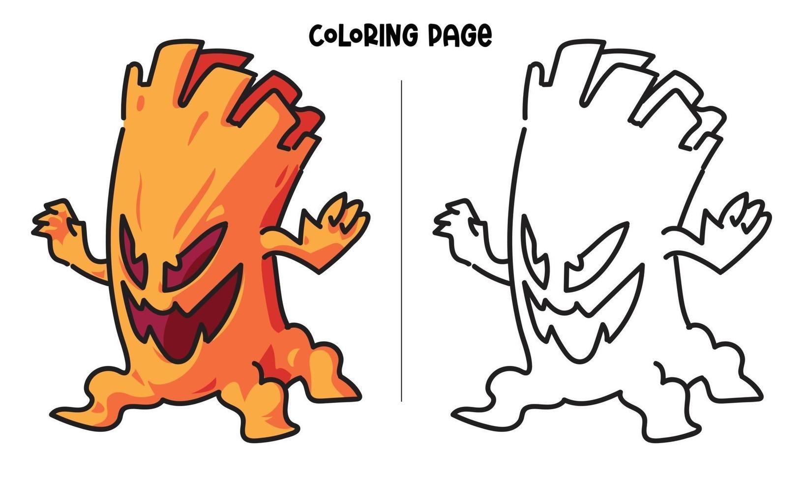 página para colorir de monstro de árvore assustador vetor