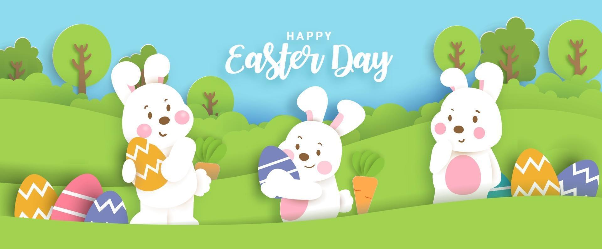 cartão de dia de Páscoa com coelhos bonitos e ovos de Páscoa. vetor