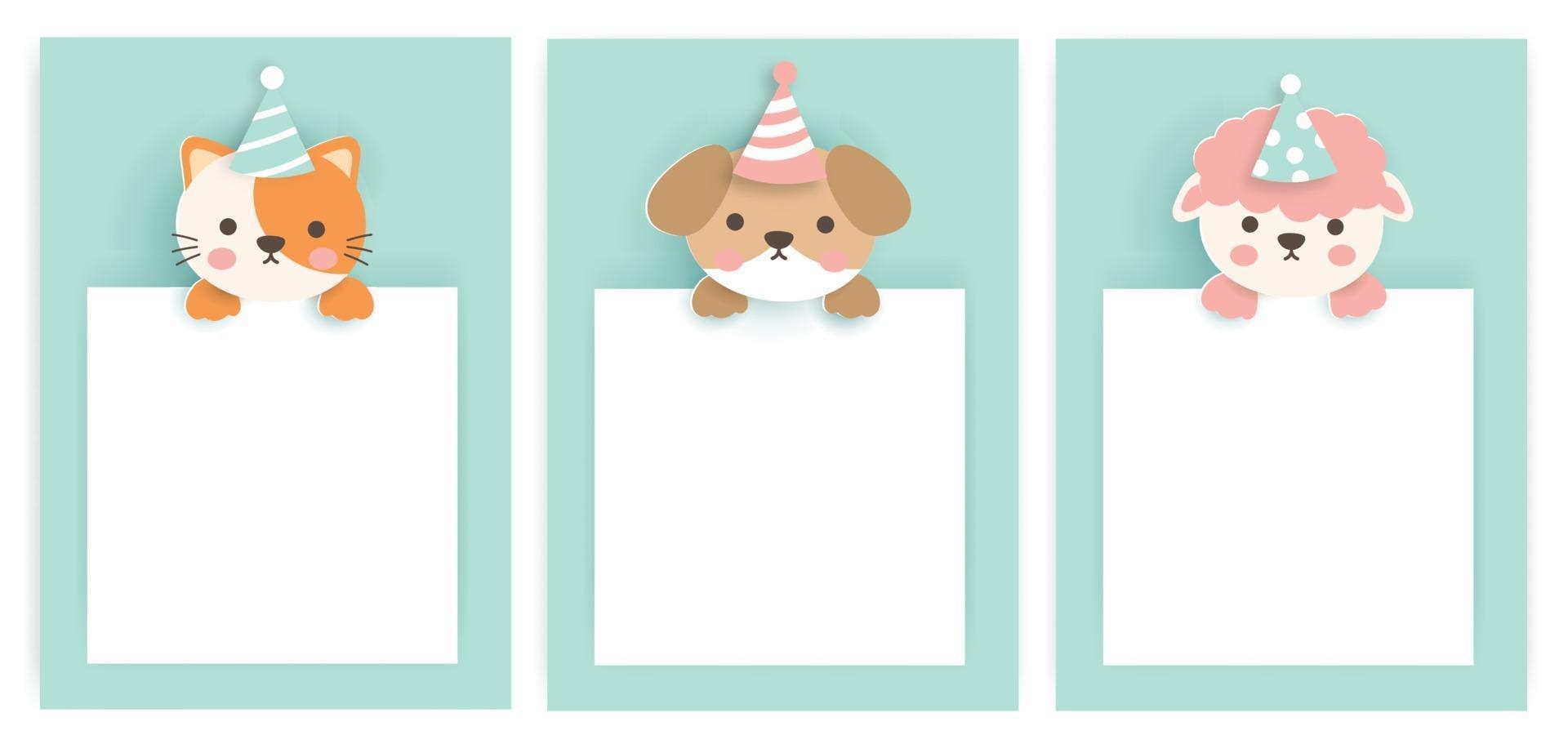 conjunto de cartões de aniversário com animais fofos. vetor