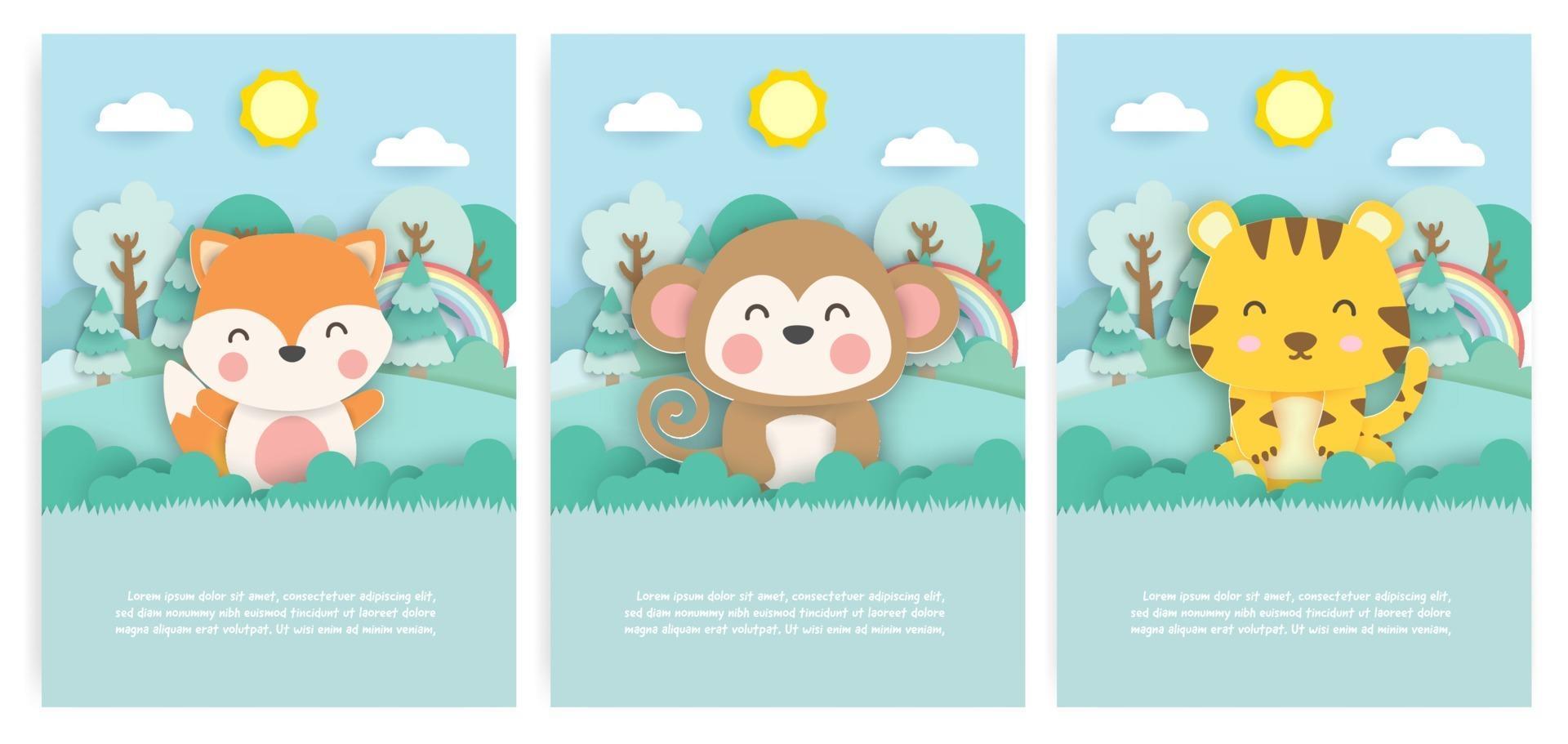conjunto de cartões de aniversário com raposa fofa, macaco e tigre na floresta em estilo de corte de papel. vetor