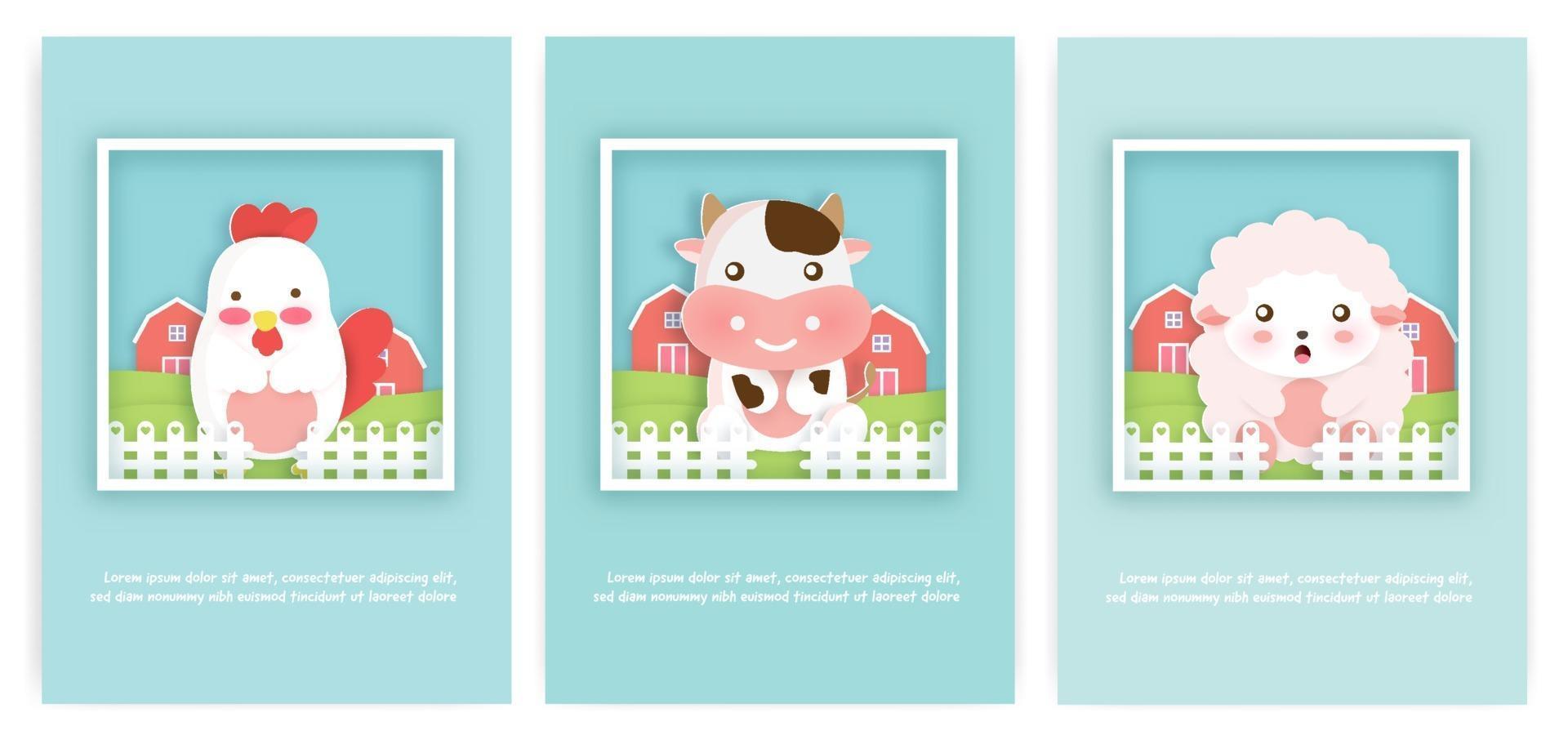 conjunto de cartões de animais de fazenda para cartão de aniversário e cartão de felicitações. vetor