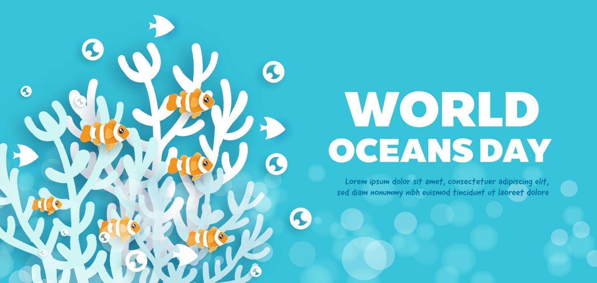 banner do dia dos oceanos do mundo com golfinho fofo no estilo de corte de papel. vetor