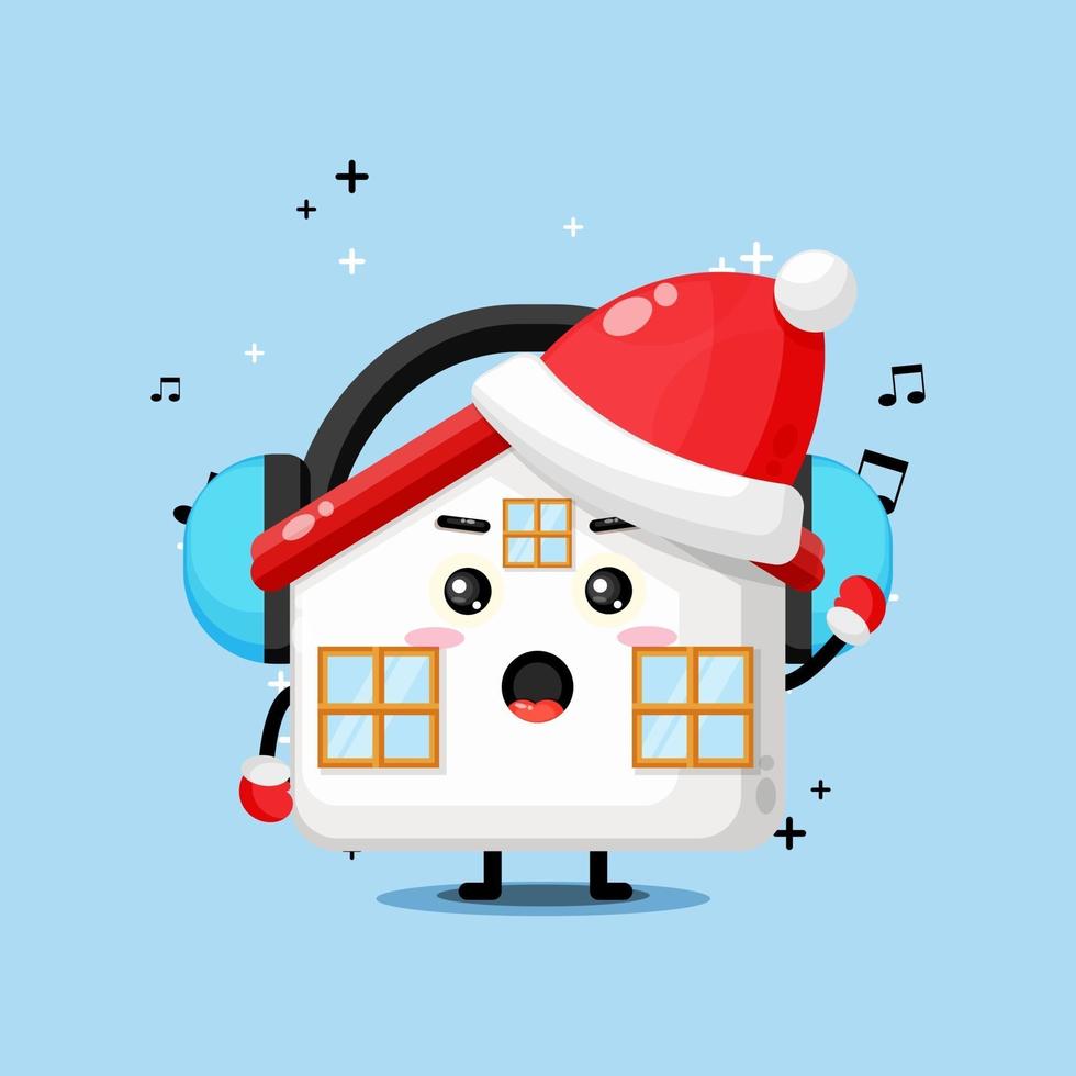 mascote fofo da casa ouvindo música no dia de natal vetor