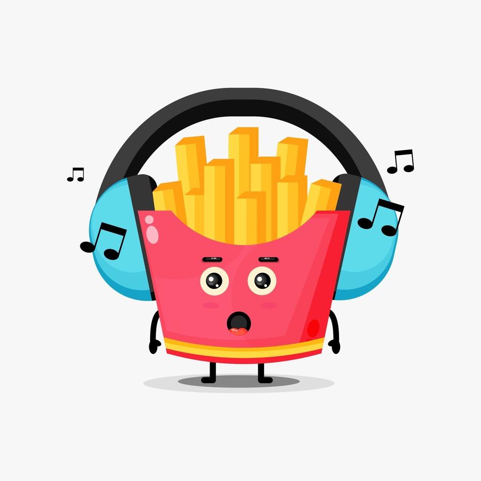 Mascote fofo de batatas fritas ouvindo música vetor