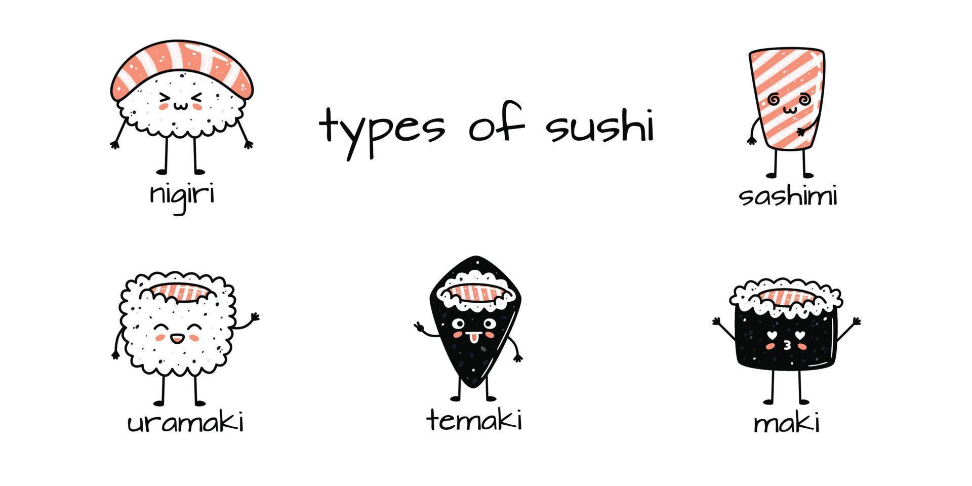 conjunto do kawaii Sushi mascotes dentro desenho animado estilo. diferente tipos do Sushi vetor