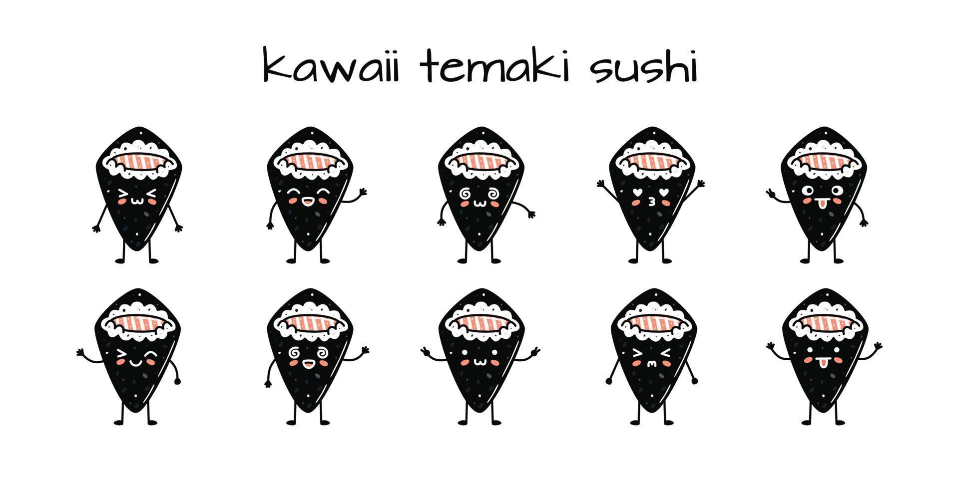 conjunto do kawaii temaki Sushi mascotes dentro desenho animado estilo vetor