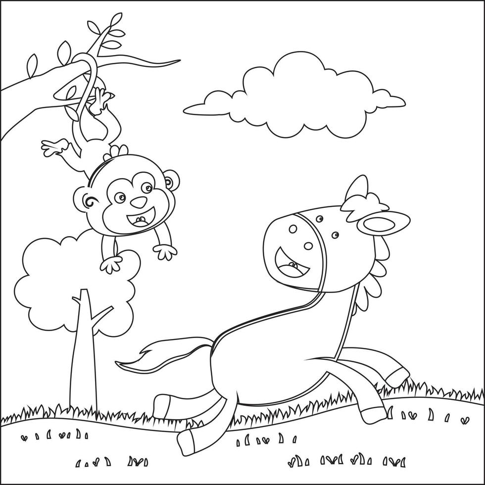 feliz cavalo e amigo desenho animado dentro a Fazenda com verde campo. criativo vetor infantil Projeto para crianças atividade coloração livro ou página.