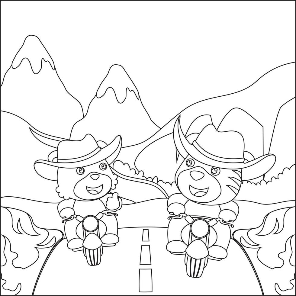 vetor ilustração do fofa Urso e tigre passeio uma motocicleta, engraçado vetor ilustração, linha arte Projeto mão desenhando esboço vetor ilustração para adulto e crianças coloração livro.