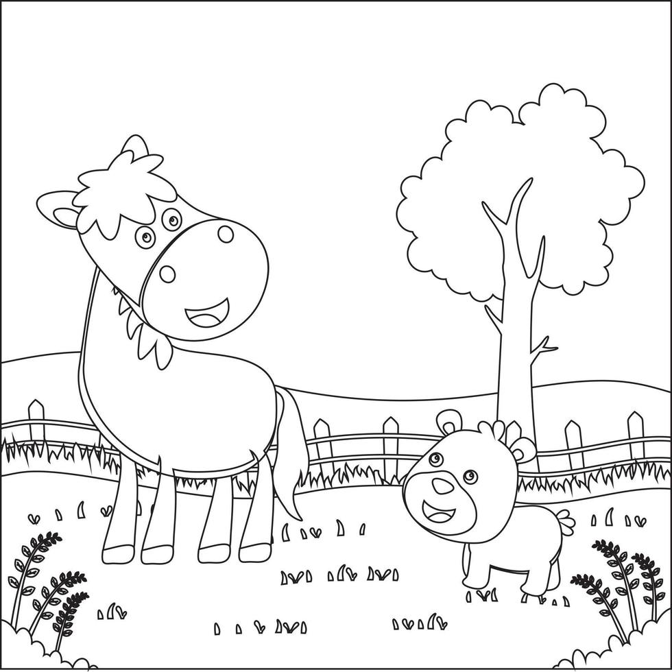 feliz cavalo e amigo desenho animado dentro a Fazenda com verde campo. criativo vetor infantil Projeto para crianças atividade coloração livro ou página.