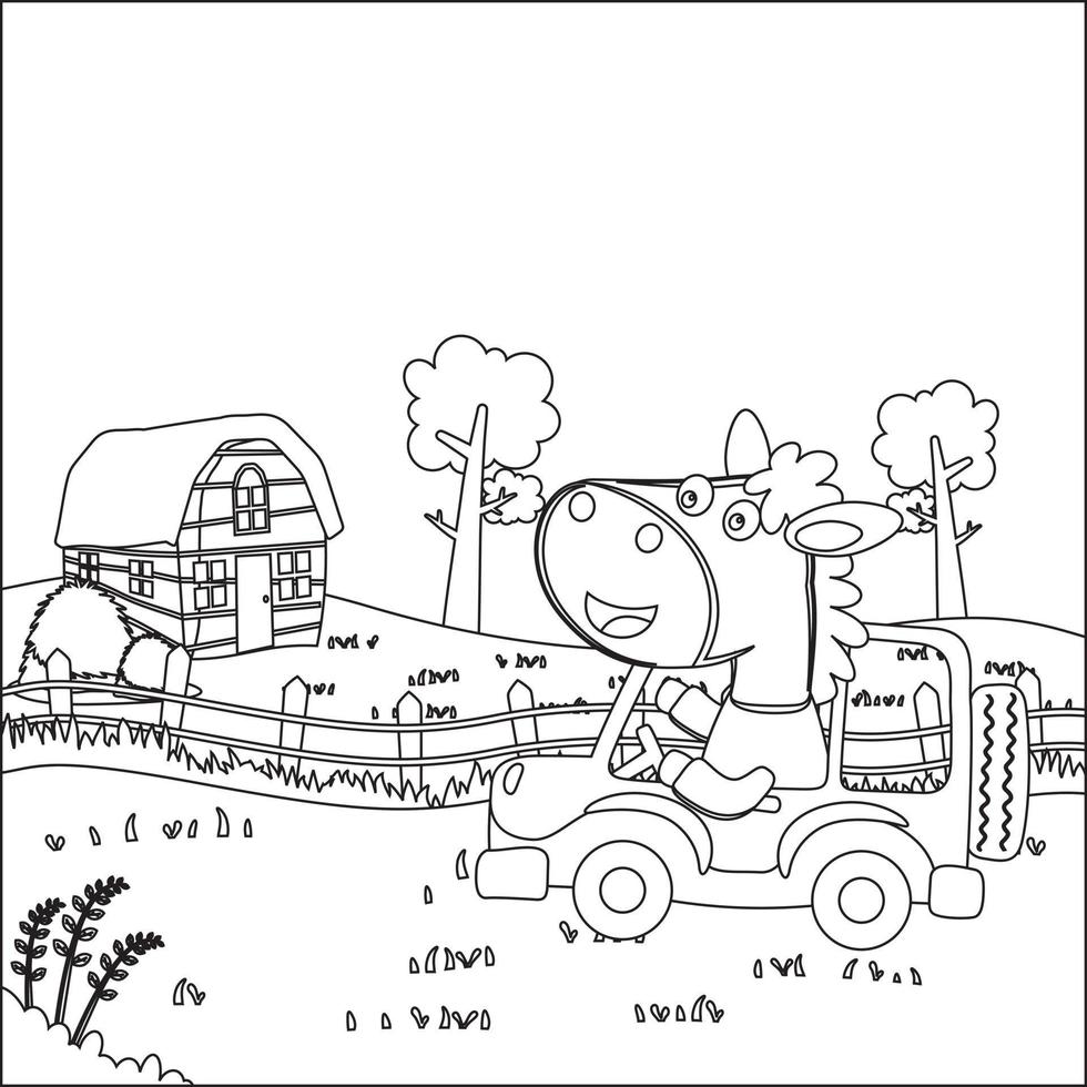 fofa pequeno cavalo dirigindo uma carro ir para floresta engraçado animal desenho animado, na moda crianças gráfico com linha arte Projeto mão desenhando esboço vetor ilustração para adulto e crianças coloração livro.