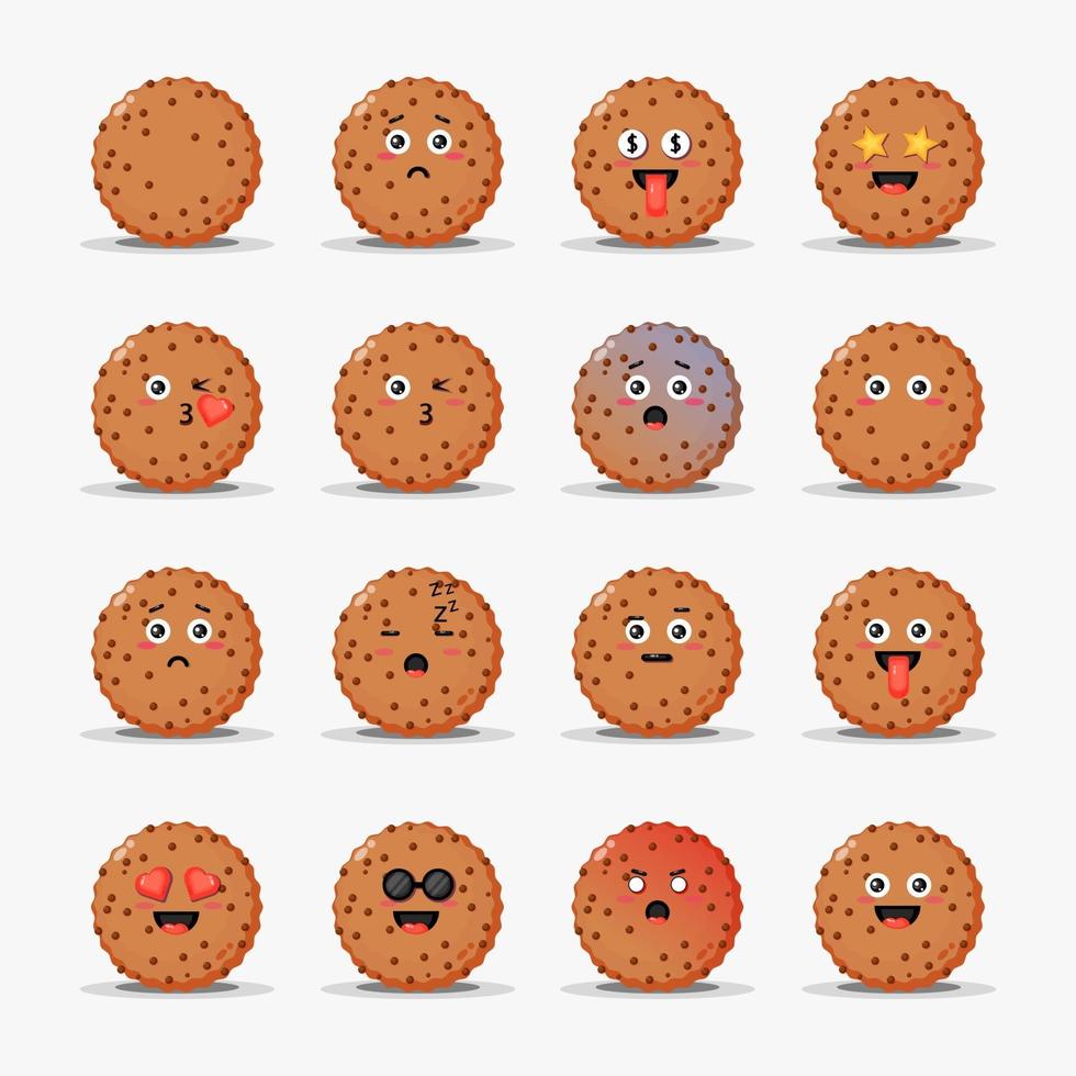 conjunto de biscoito de chocolate fofo com emoticons vetor