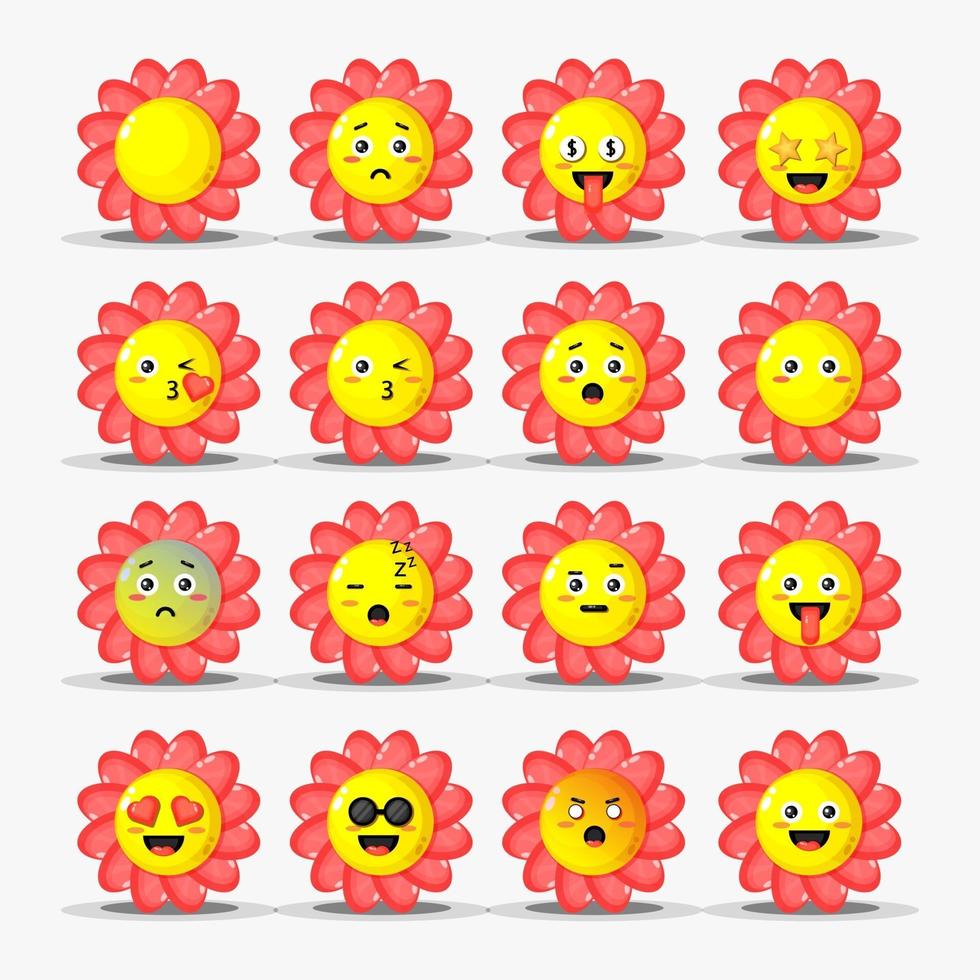 conjunto de flores fofas com emoticons vetor