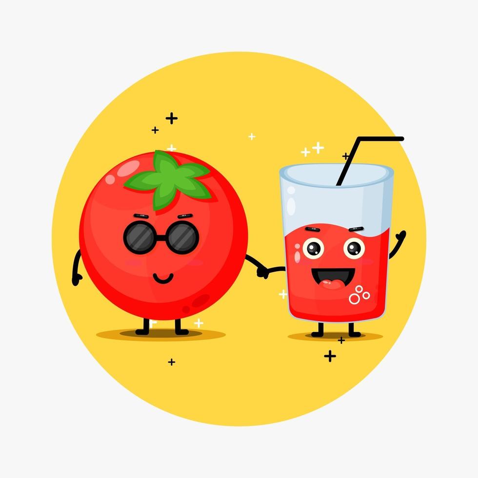 mascote fofo de tomate e suco de tomate de mãos dadas vetor