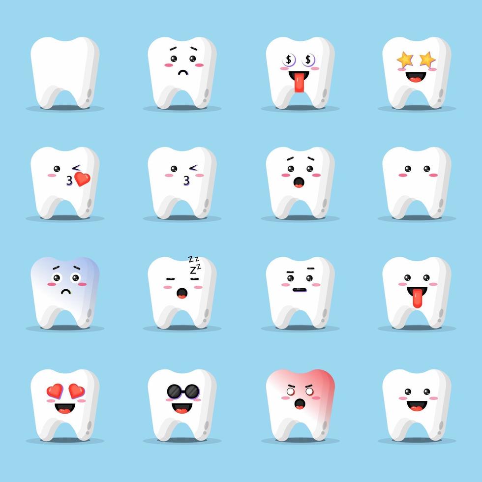 dente fofo com conjunto de emoticons vetor