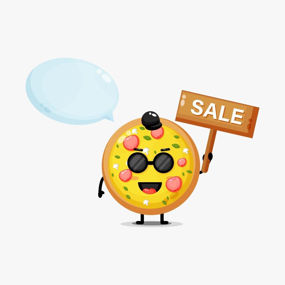 mascote da pizza fofa com placa de venda vetor