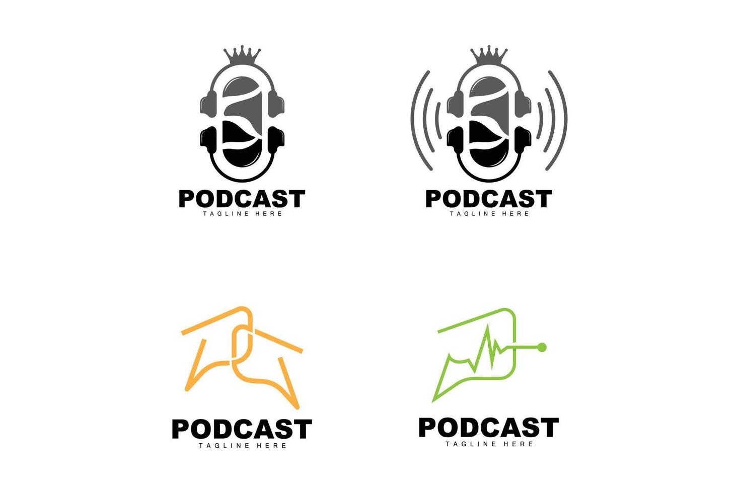 logotipo do podcast, vetor, fone de ouvido e bate-papo, design simples de microfone vintage vetor