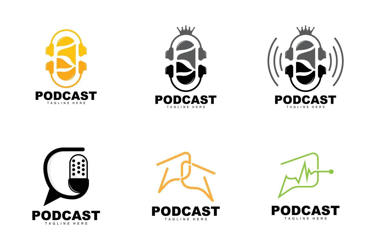 logotipo do podcast, vetor, fone de ouvido e bate-papo, design simples de microfone vintage vetor