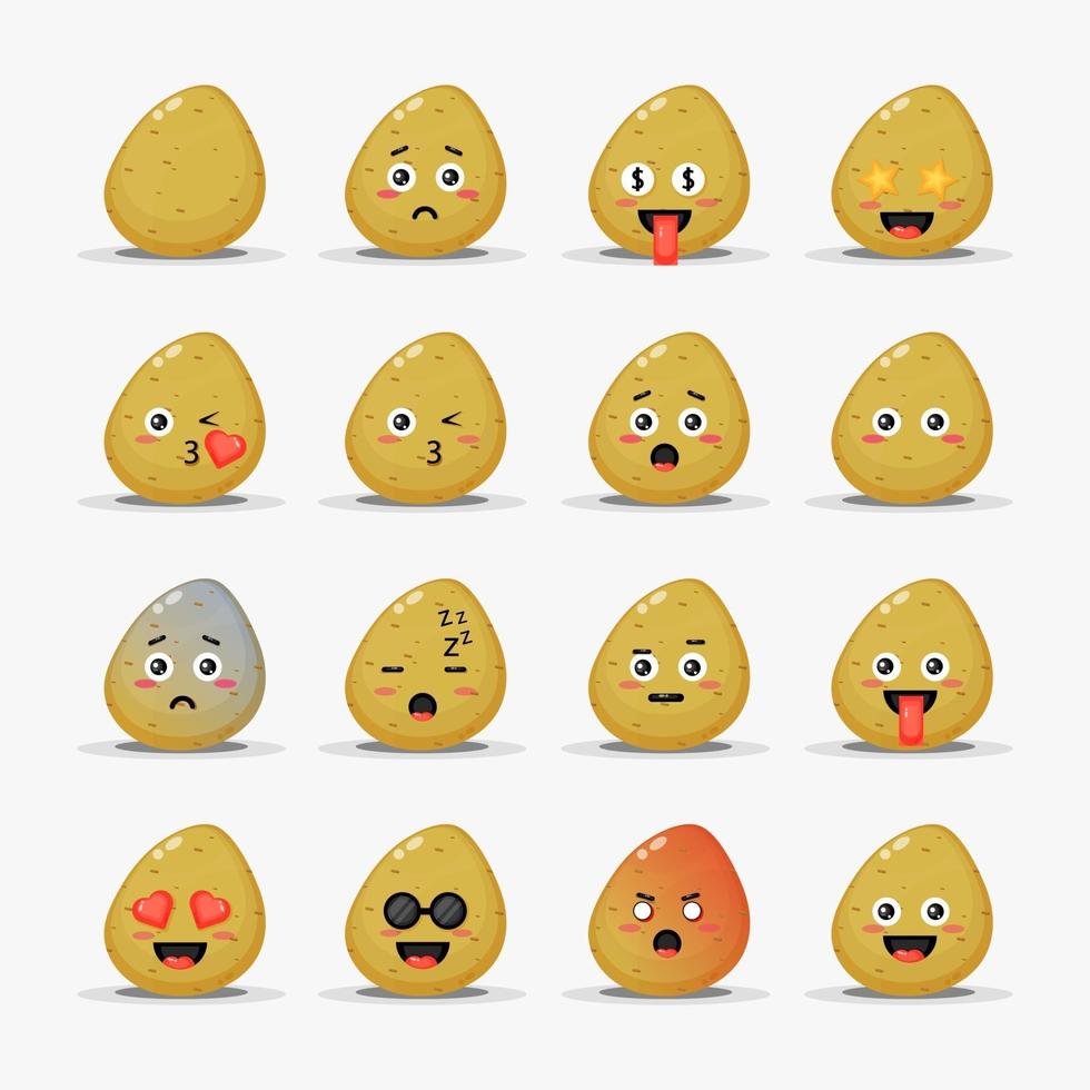 Conjunto de batatas fofas com emoticons vetor