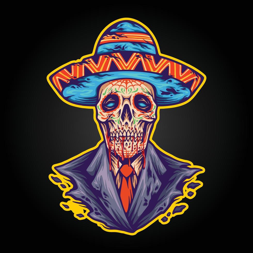 assustador mexicano muertos açúcar crânio sombrero chapéu logotipo ilustrações vetor para seu trabalhos logotipo, mercadoria camiseta, adesivos e rótulo desenhos, poster, cumprimento cartões publicidade o negócio marcas