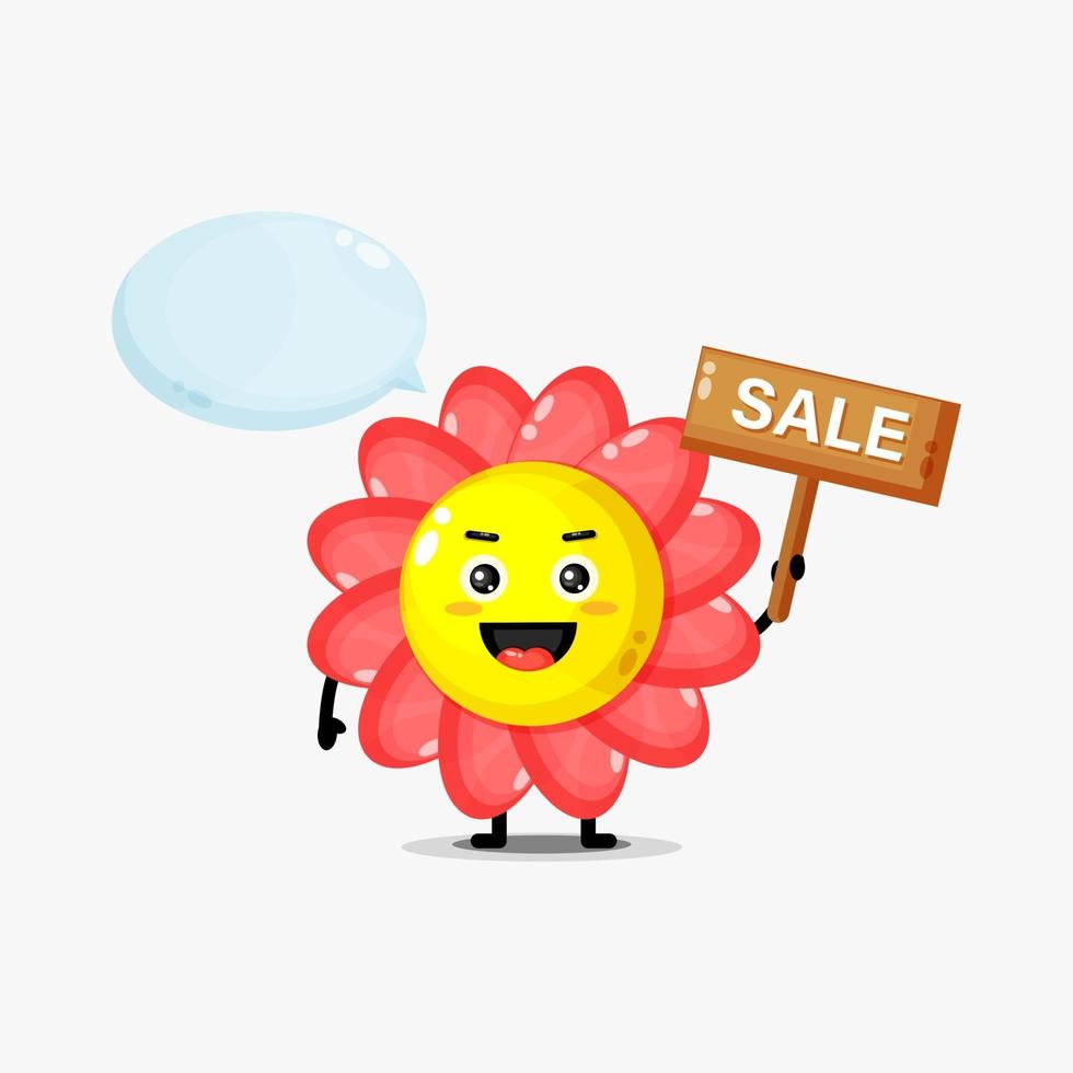 mascote da flor fofa com o sinal de venda vetor