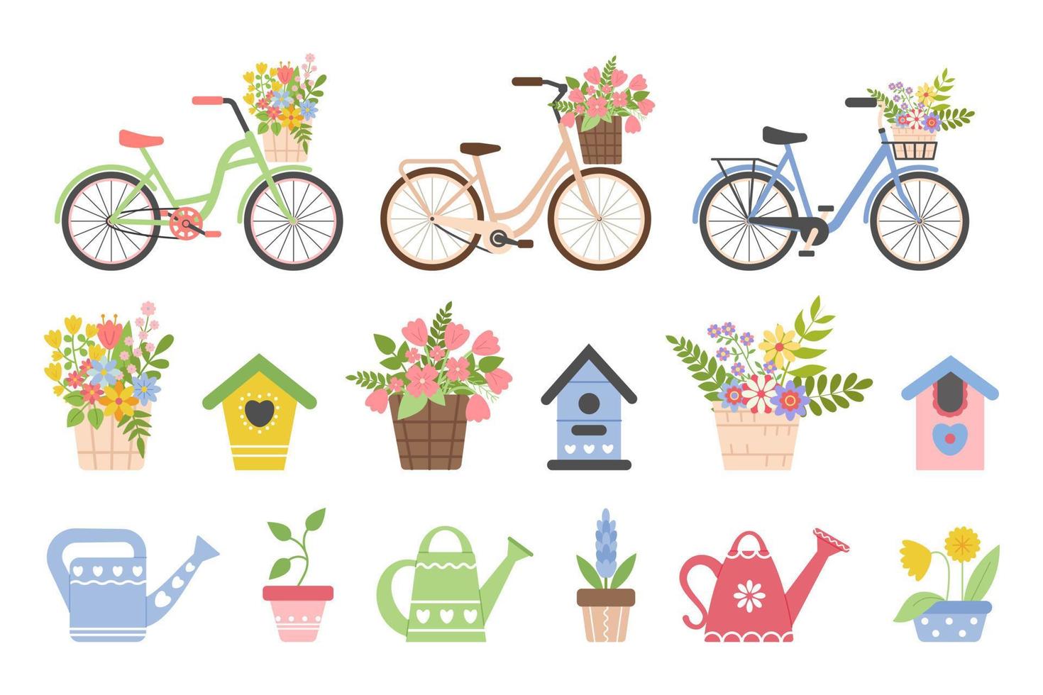 Primavera conjunto do colorida gaiola, bicicletas, Primavera flores elementos para primavera, verão, sazonal Projeto do cartões postais, tecidos, papel de parede, invólucros, embalagem, têxteis. vetor ilustração